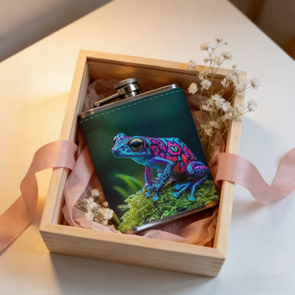 Colorful frog among green plants Stainless Steel Mini Flask 8oz Portable Travel Drinkware, Unique Gift for Golf Enthusiasts, Outdoor Activities, Parties & Special Occasions