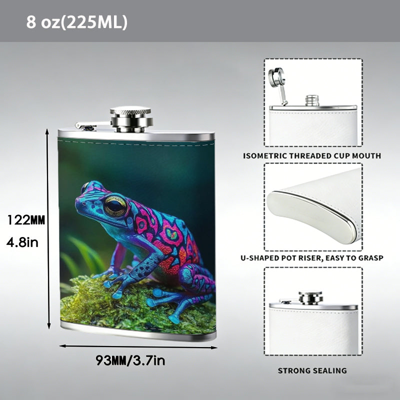 Colorful frog among green plants Stainless Steel Mini Flask 8oz Portable Travel Drinkware, Unique Gift for Golf Enthusiasts, Outdoor Activities, Parties & Special Occasions