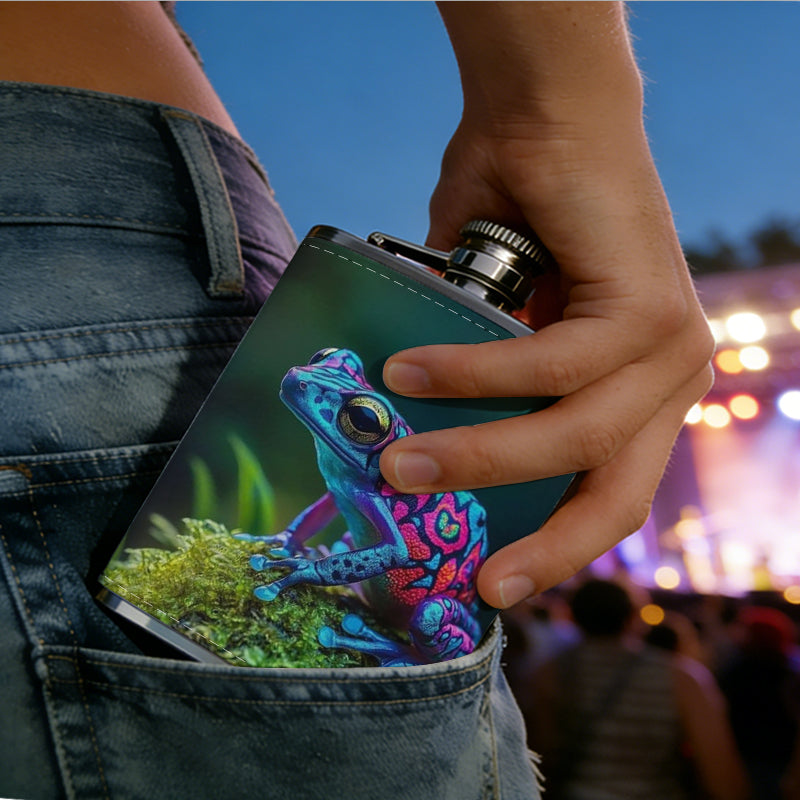 Colorful frog among green plants Stainless Steel Mini Flask 8oz Portable Travel Drinkware, Unique Gift for Golf Enthusiasts, Outdoor Activities, Parties & Special Occasions