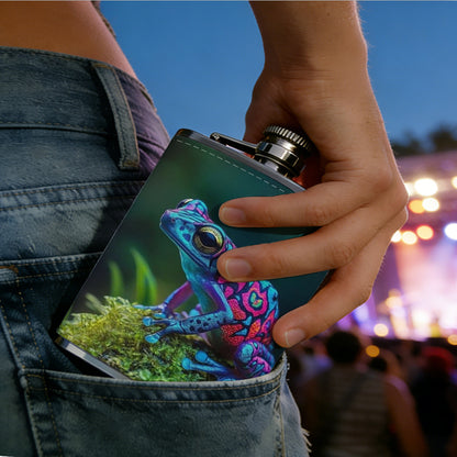 Colorful frog among green plants Stainless Steel Mini Flask 8oz Portable Travel Drinkware, Unique Gift for Golf Enthusiasts, Outdoor Activities, Parties & Special Occasions