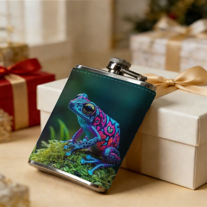 Colorful frog among green plants Stainless Steel Mini Flask 8oz Portable Travel Drinkware, Unique Gift for Golf Enthusiasts, Outdoor Activities, Parties & Special Occasions