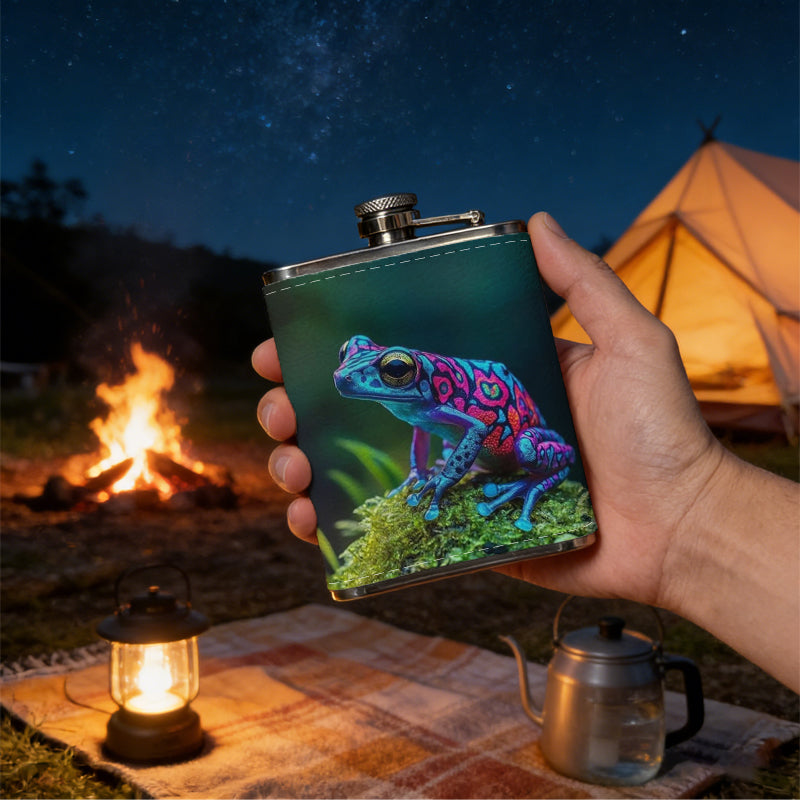 Colorful frog among green plants Stainless Steel Mini Flask 8oz Portable Travel Drinkware, Unique Gift for Golf Enthusiasts, Outdoor Activities, Parties & Special Occasions
