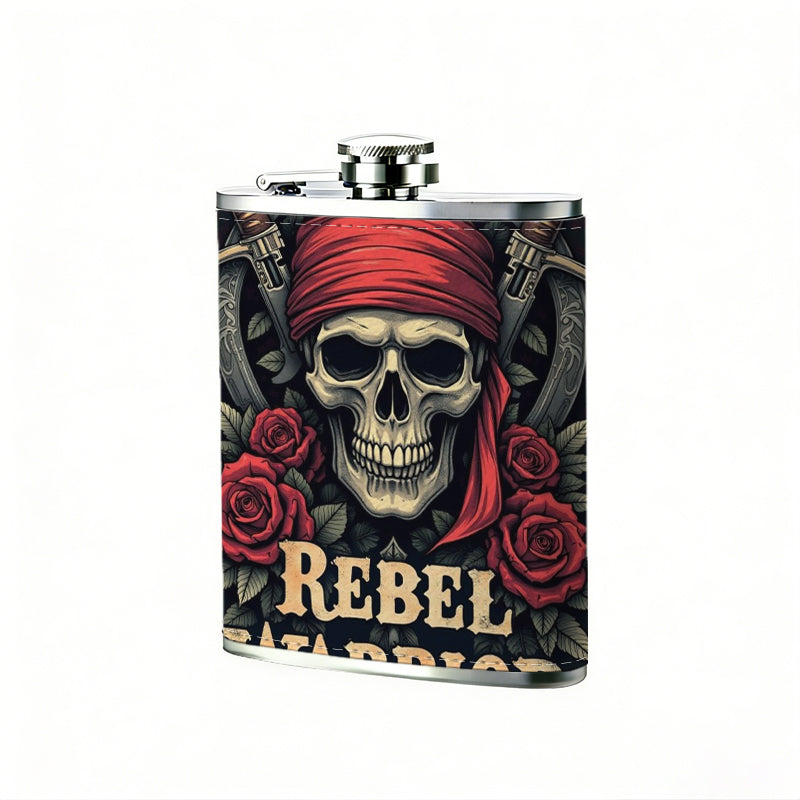 Pirate skull with roses and crossed swords Stainless Steel Mini Flask 8oz Portable Travel Drinkware, Unique Gift for Golf Enthusiasts, Outdoor Activities, Parties & Special Occasions