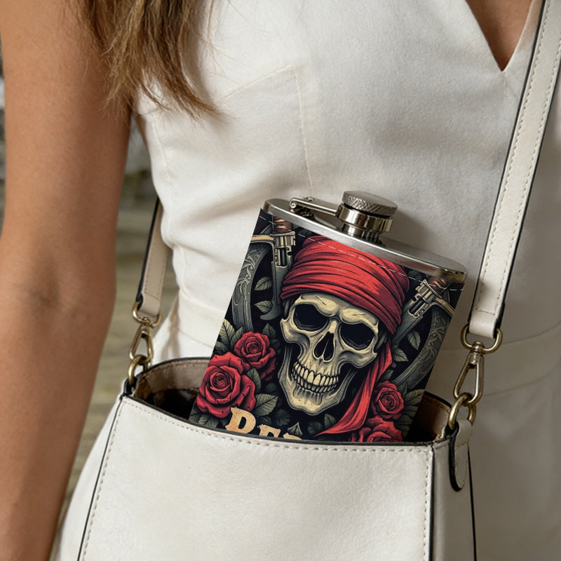 Pirate skull with roses and crossed swords Stainless Steel Mini Flask 8oz Portable Travel Drinkware, Unique Gift for Golf Enthusiasts, Outdoor Activities, Parties & Special Occasions