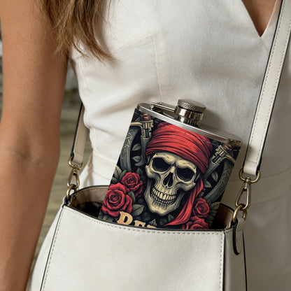 Pirate skull with roses and crossed swords Stainless Steel Mini Flask 8oz Portable Travel Drinkware, Unique Gift for Golf Enthusiasts, Outdoor Activities, Parties & Special Occasions
