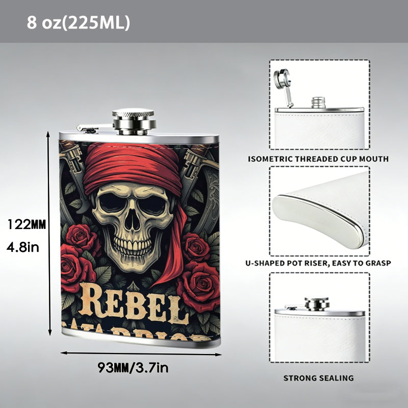 Pirate skull with roses and crossed swords Stainless Steel Mini Flask 8oz Portable Travel Drinkware, Unique Gift for Golf Enthusiasts, Outdoor Activities, Parties & Special Occasions