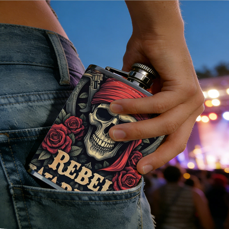 Pirate skull with roses and crossed swords Stainless Steel Mini Flask 8oz Portable Travel Drinkware, Unique Gift for Golf Enthusiasts, Outdoor Activities, Parties & Special Occasions