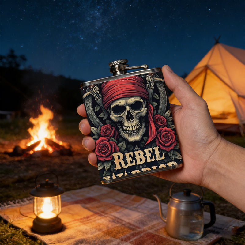Pirate skull with roses and crossed swords Stainless Steel Mini Flask 8oz Portable Travel Drinkware, Unique Gift for Golf Enthusiasts, Outdoor Activities, Parties & Special Occasions