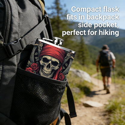 Pirate skull with roses and crossed swords Stainless Steel Mini Flask 8oz Portable Travel Drinkware, Unique Gift for Golf Enthusiasts, Outdoor Activities, Parties & Special Occasions