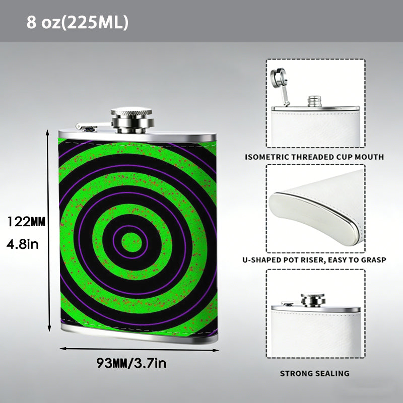 Glowing green concentric rings Stainless Steel Mini Flask 8oz Portable Travel Drinkware, Unique Gift for Golf Enthusiasts, Outdoor Activities, Parties & Special Occasions