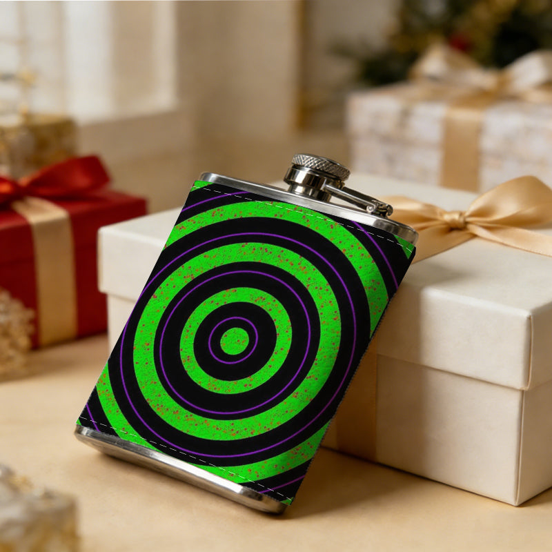 Glowing green concentric rings Stainless Steel Mini Flask 8oz Portable Travel Drinkware, Unique Gift for Golf Enthusiasts, Outdoor Activities, Parties & Special Occasions