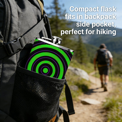 Glowing green concentric rings Stainless Steel Mini Flask 8oz Portable Travel Drinkware, Unique Gift for Golf Enthusiasts, Outdoor Activities, Parties & Special Occasions