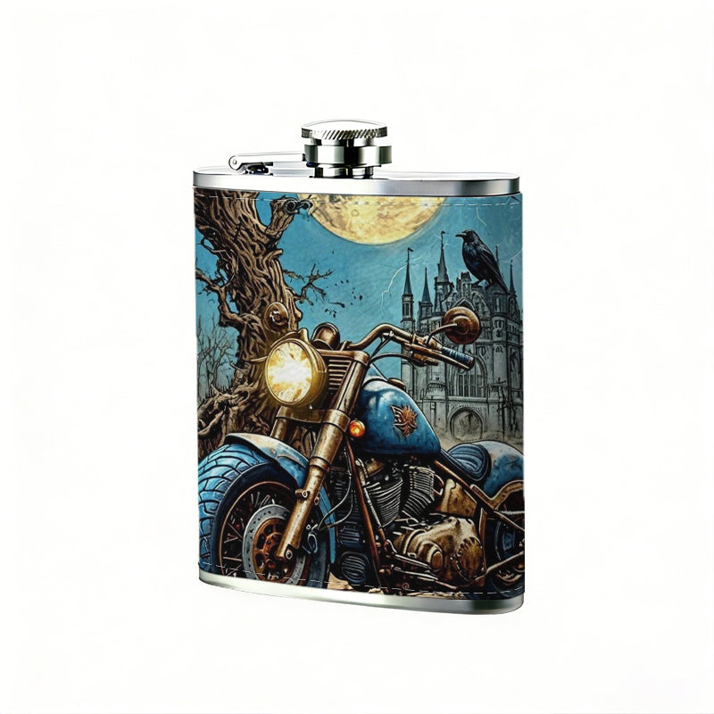 Motorcycle and skull in moonlit forest with crow Stainless Steel Mini Flask 8oz Portable Travel Drinkware, Unique Gift for Golf Enthusiasts, Outdoor Activities, Parties & Special Occasions