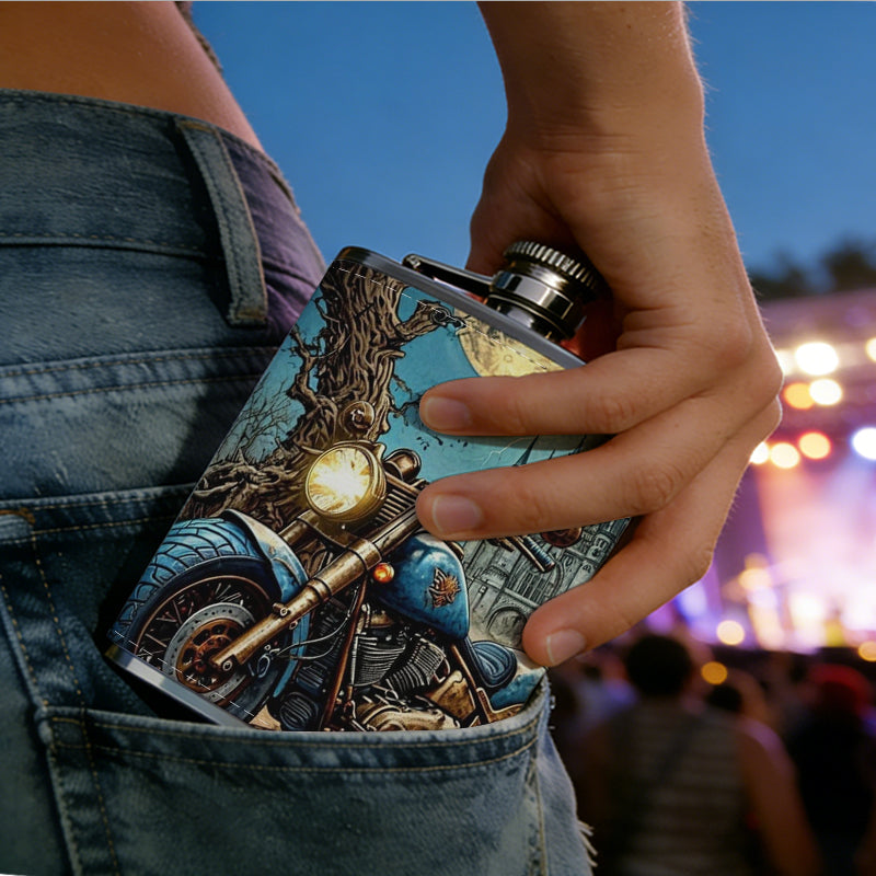 Motorcycle and skull in moonlit forest with crow Stainless Steel Mini Flask 8oz Portable Travel Drinkware, Unique Gift for Golf Enthusiasts, Outdoor Activities, Parties & Special Occasions