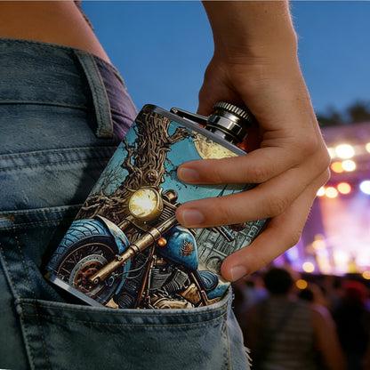 Motorcycle and skull in moonlit forest with crow Stainless Steel Mini Flask 8oz Portable Travel Drinkware, Unique Gift for Golf Enthusiasts, Outdoor Activities, Parties & Special Occasions