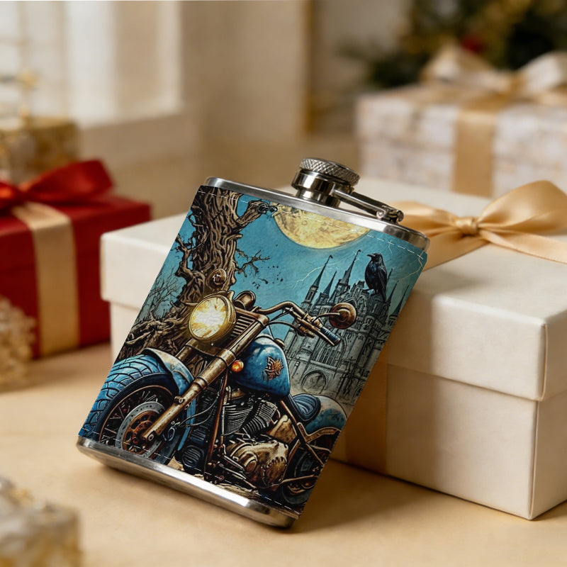 Motorcycle and skull in moonlit forest with crow Stainless Steel Mini Flask 8oz Portable Travel Drinkware, Unique Gift for Golf Enthusiasts, Outdoor Activities, Parties & Special Occasions