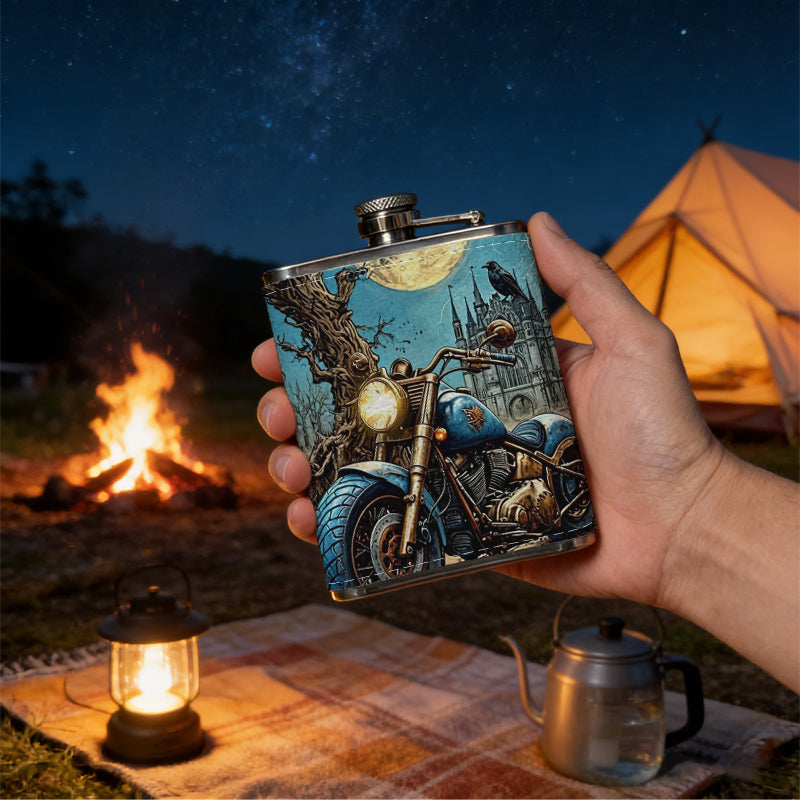 Motorcycle and skull in moonlit forest with crow Stainless Steel Mini Flask 8oz Portable Travel Drinkware, Unique Gift for Golf Enthusiasts, Outdoor Activities, Parties & Special Occasions