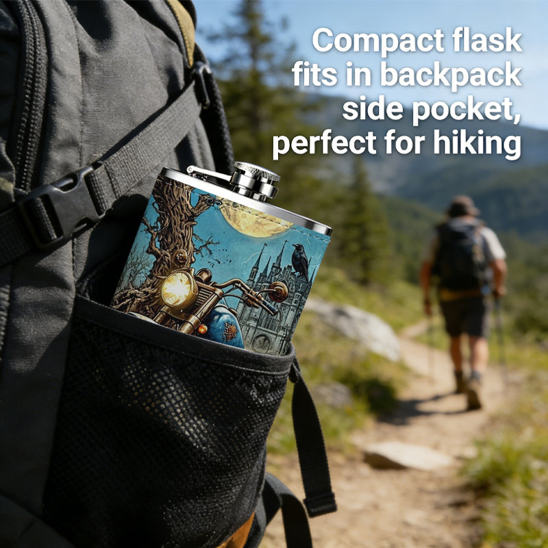 Motorcycle and skull in moonlit forest with crow Stainless Steel Mini Flask 8oz Portable Travel Drinkware, Unique Gift for Golf Enthusiasts, Outdoor Activities, Parties & Special Occasions