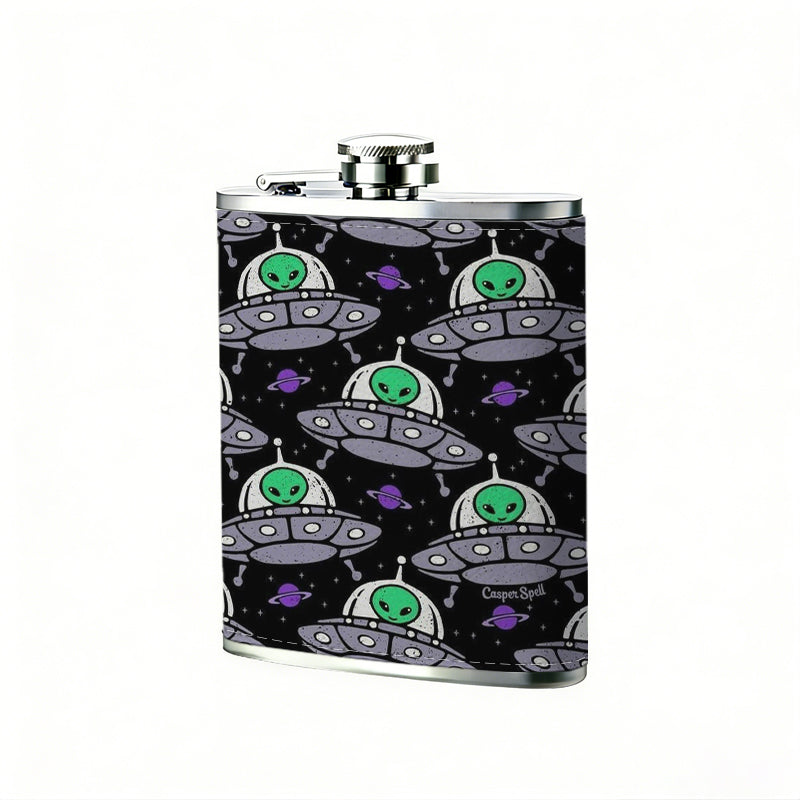 Repeating stylized UFO patterns Stainless Steel Mini Flask 8oz Portable Travel Drinkware, Unique Gift for Golf Enthusiasts, Outdoor Activities, Parties & Special Occasions