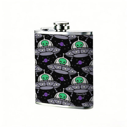 Repeating stylized UFO patterns Stainless Steel Mini Flask 8oz Portable Travel Drinkware, Unique Gift for Golf Enthusiasts, Outdoor Activities, Parties & Special Occasions