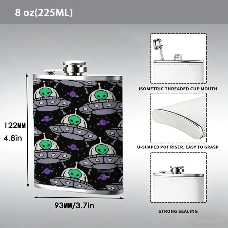 Repeating stylized UFO patterns Stainless Steel Mini Flask 8oz Portable Travel Drinkware, Unique Gift for Golf Enthusiasts, Outdoor Activities, Parties & Special Occasions