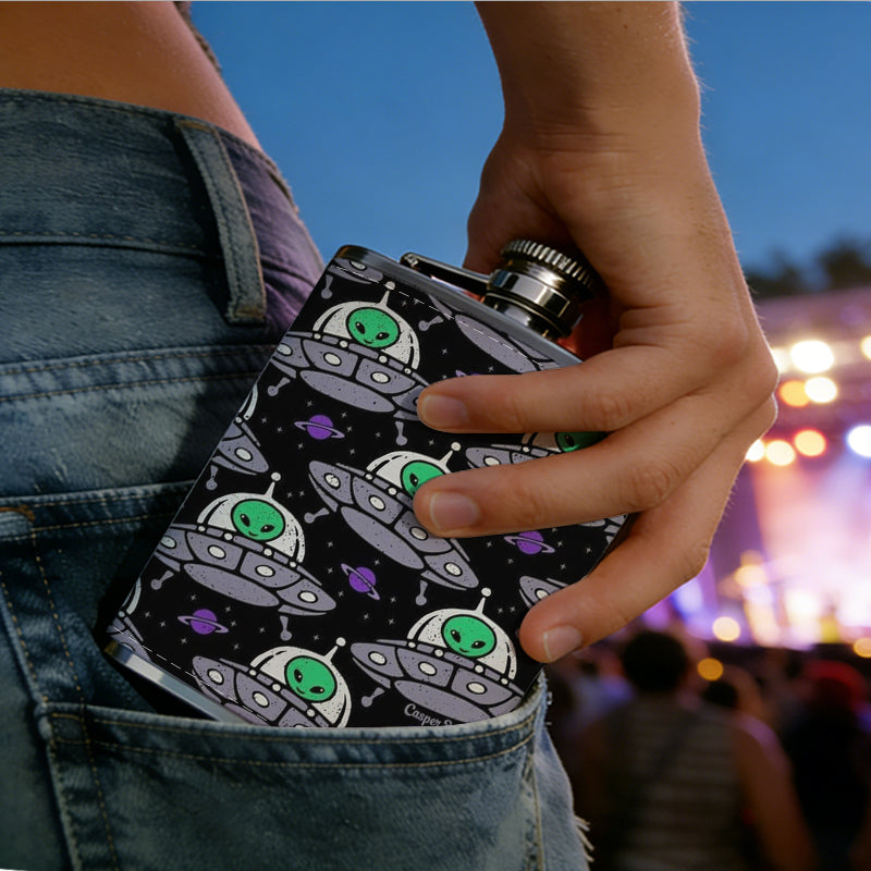 Repeating stylized UFO patterns Stainless Steel Mini Flask 8oz Portable Travel Drinkware, Unique Gift for Golf Enthusiasts, Outdoor Activities, Parties & Special Occasions