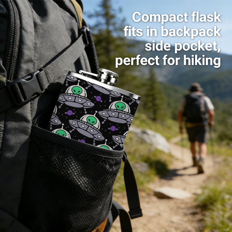 Repeating stylized UFO patterns Stainless Steel Mini Flask 8oz Portable Travel Drinkware, Unique Gift for Golf Enthusiasts, Outdoor Activities, Parties & Special Occasions