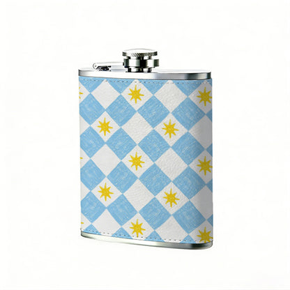 Blue, white and yellow diamond pattern Stainless Steel Mini Flask 8oz Portable Travel Drinkware, Unique Gift for Golf Enthusiasts, Outdoor Activities, Parties & Special Occasions