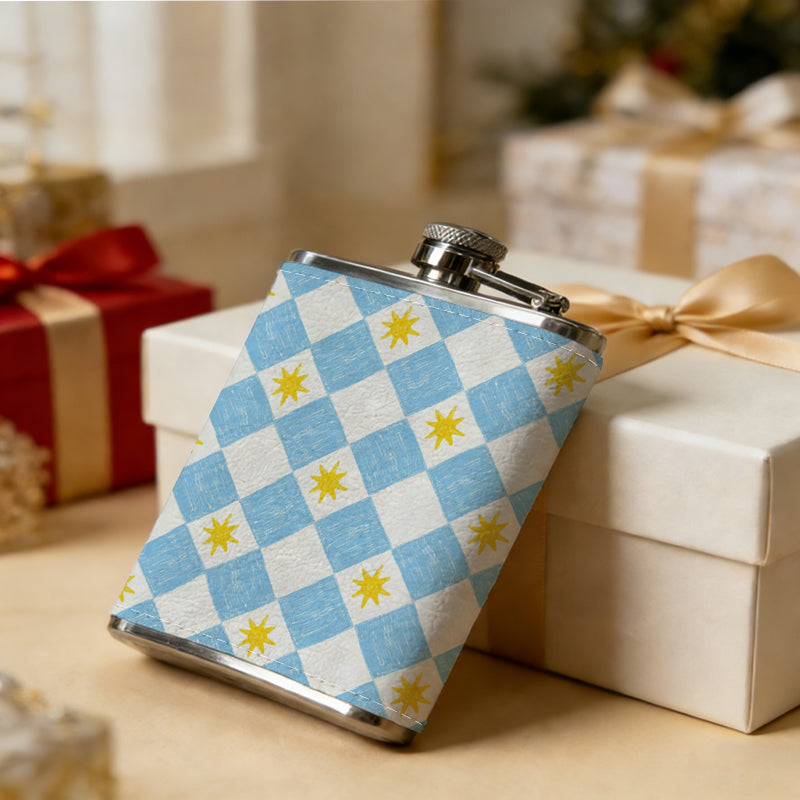 Blue, white and yellow diamond pattern Stainless Steel Mini Flask 8oz Portable Travel Drinkware, Unique Gift for Golf Enthusiasts, Outdoor Activities, Parties & Special Occasions