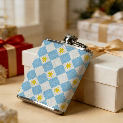 Blue, white and yellow diamond pattern Stainless Steel Mini Flask 8oz Portable Travel Drinkware, Unique Gift for Golf Enthusiasts, Outdoor Activities, Parties & Special Occasions