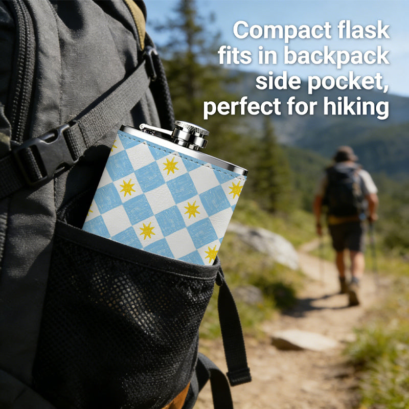 Blue, white and yellow diamond pattern Stainless Steel Mini Flask 8oz Portable Travel Drinkware, Unique Gift for Golf Enthusiasts, Outdoor Activities, Parties & Special Occasions