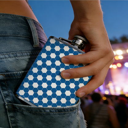 Navy blue and white geometric dot grid Stainless Steel Mini Flask 8oz Portable Travel Drinkware, Unique Gift for Golf Enthusiasts, Outdoor Activities, Parties & Special Occasions