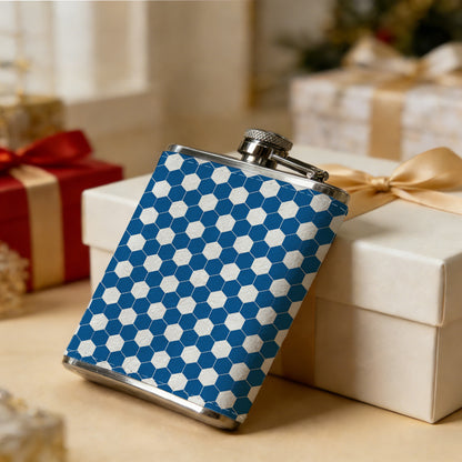 Navy blue and white geometric dot grid Stainless Steel Mini Flask 8oz Portable Travel Drinkware, Unique Gift for Golf Enthusiasts, Outdoor Activities, Parties & Special Occasions