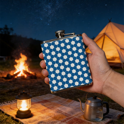 Navy blue and white geometric dot grid Stainless Steel Mini Flask 8oz Portable Travel Drinkware, Unique Gift for Golf Enthusiasts, Outdoor Activities, Parties & Special Occasions