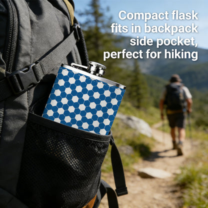Navy blue and white geometric dot grid Stainless Steel Mini Flask 8oz Portable Travel Drinkware, Unique Gift for Golf Enthusiasts, Outdoor Activities, Parties & Special Occasions