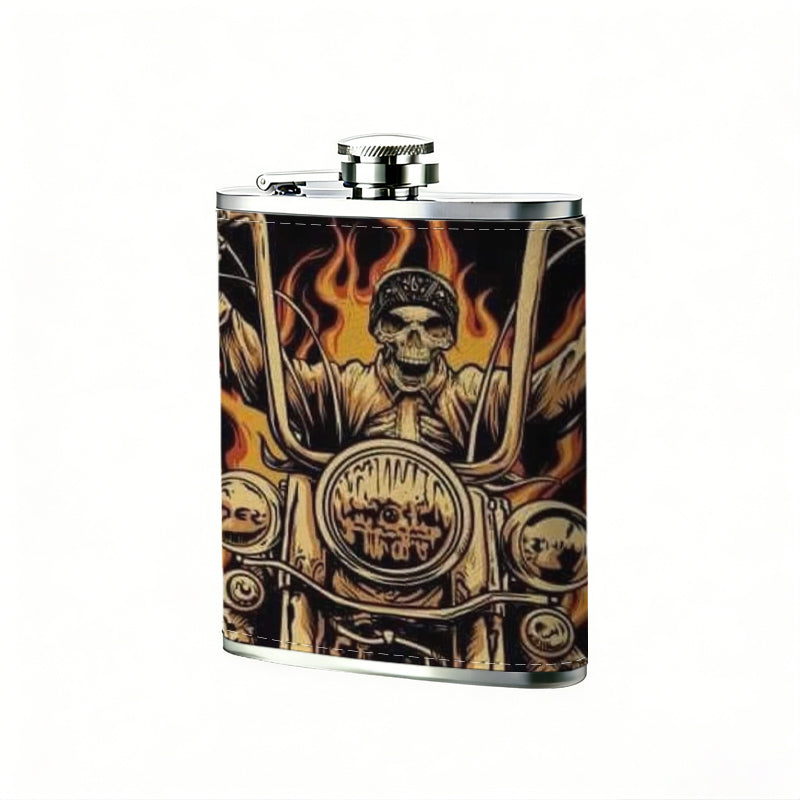 Skulls and flaming motorcycle artwork Stainless Steel Mini Flask 8oz Portable Travel Drinkware, Unique Gift for Golf Enthusiasts, Outdoor Activities, Parties & Special Occasions