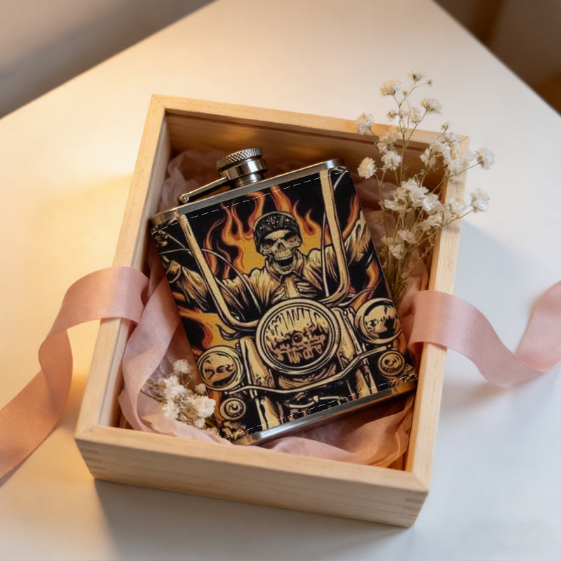 Skulls and flaming motorcycle artwork Stainless Steel Mini Flask 8oz Portable Travel Drinkware, Unique Gift for Golf Enthusiasts, Outdoor Activities, Parties & Special Occasions