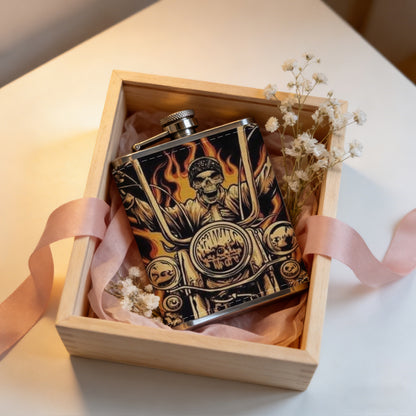 Skulls and flaming motorcycle artwork Stainless Steel Mini Flask 8oz Portable Travel Drinkware, Unique Gift for Golf Enthusiasts, Outdoor Activities, Parties & Special Occasions
