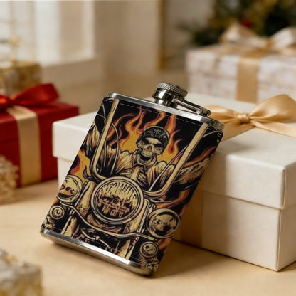 Skulls and flaming motorcycle artwork Stainless Steel Mini Flask 8oz Portable Travel Drinkware, Unique Gift for Golf Enthusiasts, Outdoor Activities, Parties & Special Occasions