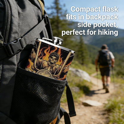 Skulls and flaming motorcycle artwork Stainless Steel Mini Flask 8oz Portable Travel Drinkware, Unique Gift for Golf Enthusiasts, Outdoor Activities, Parties & Special Occasions