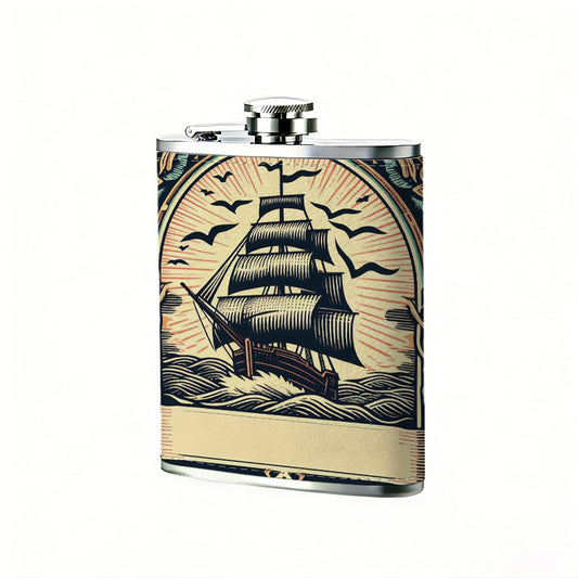 Vintage sailing ship seascape artwork Stainless Steel Mini Flask 8oz Portable Travel Drinkware, Unique Gift for Golf Enthusiasts, Outdoor Activities, Parties & Special Occasions