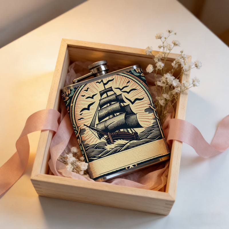 Vintage sailing ship seascape artwork Stainless Steel Mini Flask 8oz Portable Travel Drinkware, Unique Gift for Golf Enthusiasts, Outdoor Activities, Parties & Special Occasions