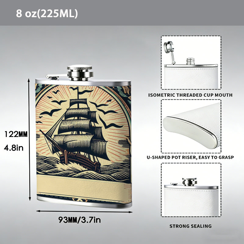 Vintage sailing ship seascape artwork Stainless Steel Mini Flask 8oz Portable Travel Drinkware, Unique Gift for Golf Enthusiasts, Outdoor Activities, Parties & Special Occasions