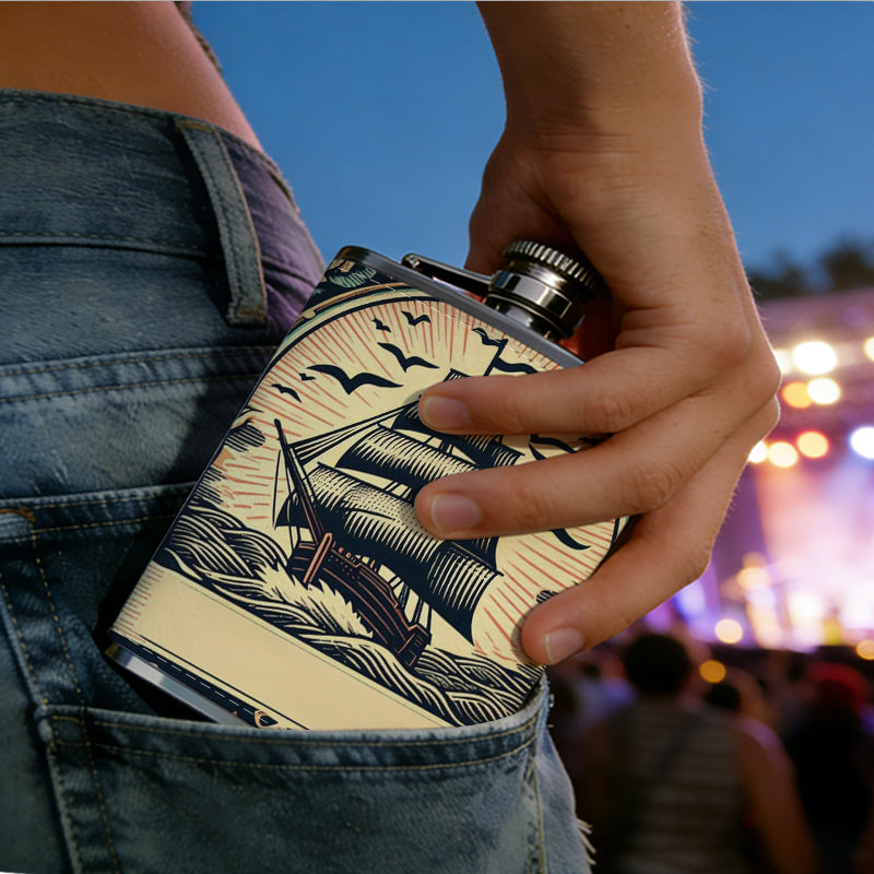 Vintage sailing ship seascape artwork Stainless Steel Mini Flask 8oz Portable Travel Drinkware, Unique Gift for Golf Enthusiasts, Outdoor Activities, Parties & Special Occasions