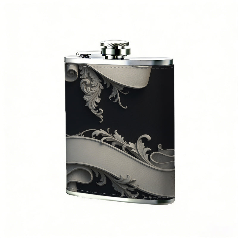 Ornate vintage ribbon scroll decorations Stainless Steel Mini Flask 8oz Portable Travel Drinkware, Unique Gift for Golf Enthusiasts, Outdoor Activities, Parties & Special Occasions
