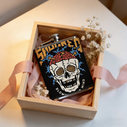 Skull with SHOCKED text Stainless Steel Mini Flask 8oz Portable Travel Drinkware, Unique Gift for Golf Enthusiasts, Outdoor Activities, Parties & Special Occasions