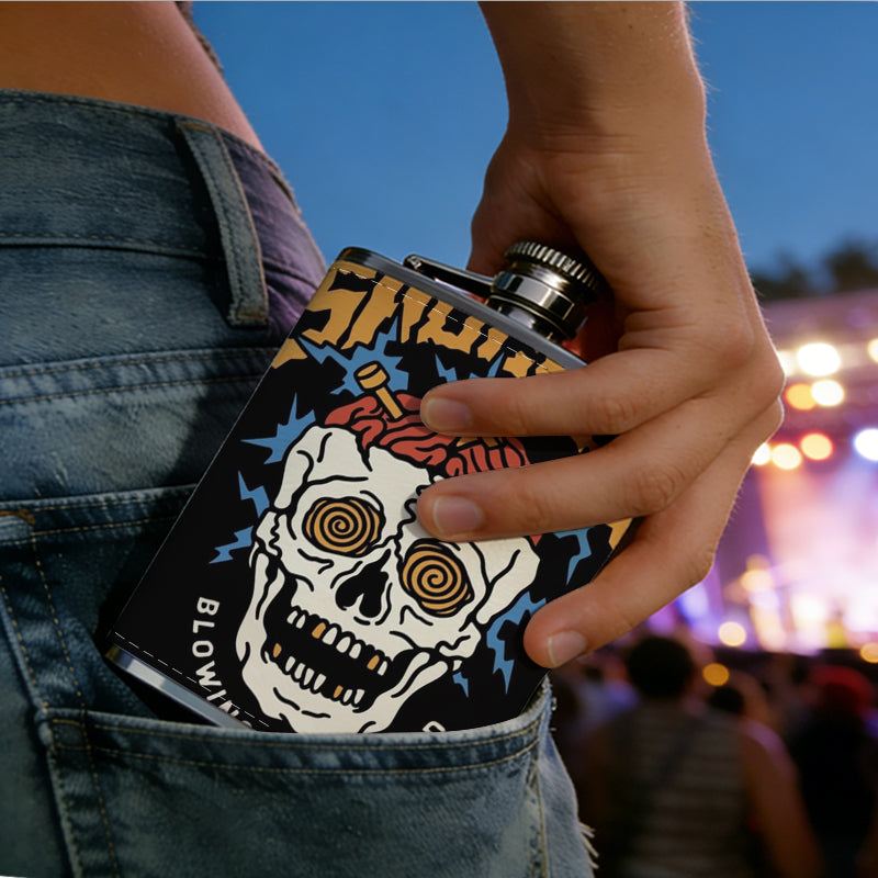 Skull with SHOCKED text Stainless Steel Mini Flask 8oz Portable Travel Drinkware, Unique Gift for Golf Enthusiasts, Outdoor Activities, Parties & Special Occasions