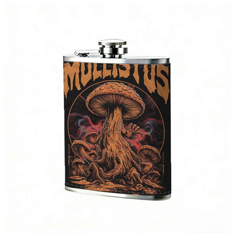Mushroom and text graphic print Stainless Steel Mini Flask 8oz Portable Travel Drinkware, Unique Gift for Golf Enthusiasts, Outdoor Activities, Parties & Special Occasions