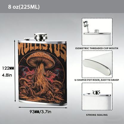 Mushroom and text graphic print Stainless Steel Mini Flask 8oz Portable Travel Drinkware, Unique Gift for Golf Enthusiasts, Outdoor Activities, Parties & Special Occasions