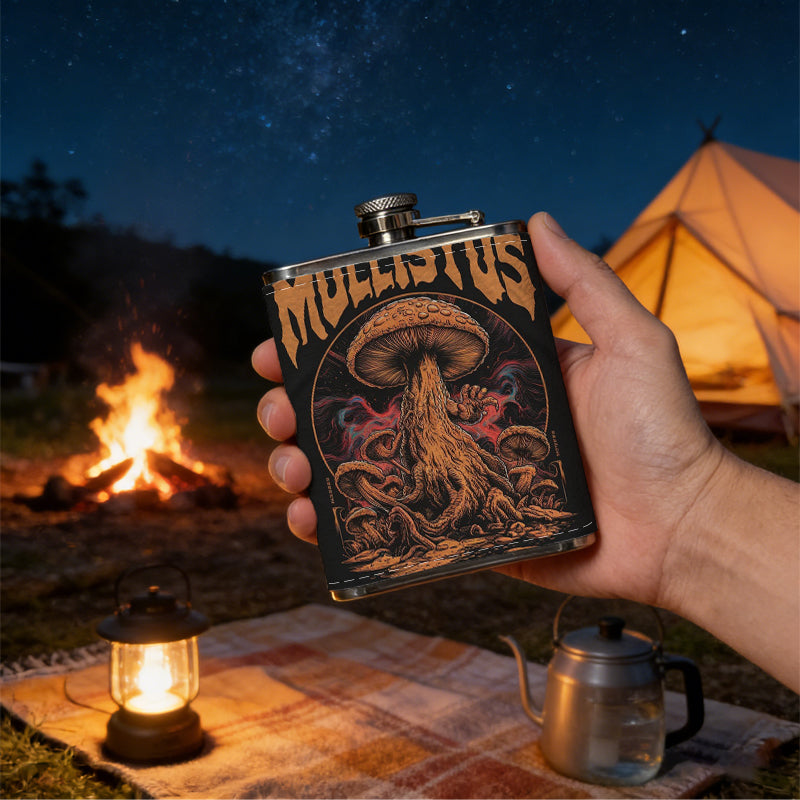 Mushroom and text graphic print Stainless Steel Mini Flask 8oz Portable Travel Drinkware, Unique Gift for Golf Enthusiasts, Outdoor Activities, Parties & Special Occasions
